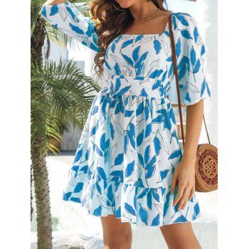 

Leaf Print Dress High Waisted Half Sleeve Flounce Square Neck Tied Back A Line Mini Dress, Blue