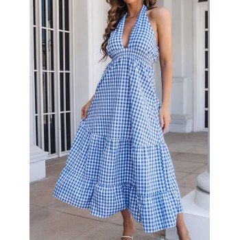 

Plaid Print Halter Backless Dress Plunging Neck High Waisted Tied Open Back A Line Maxi Dress, Blue