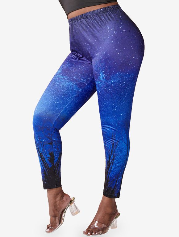 Legging à Imprimé 3D Arbre Galaxie Grande Taille - Bleu 5X