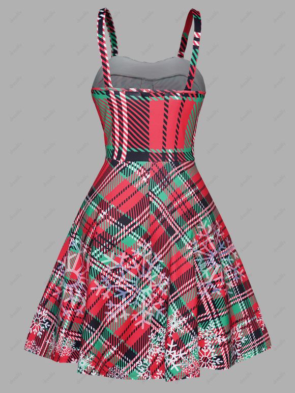 Mini Robe Ligne A à Imprimé Flocon de Neige de Noël à Carreaux en Fausse Fourrure sans Manches - Rouge M