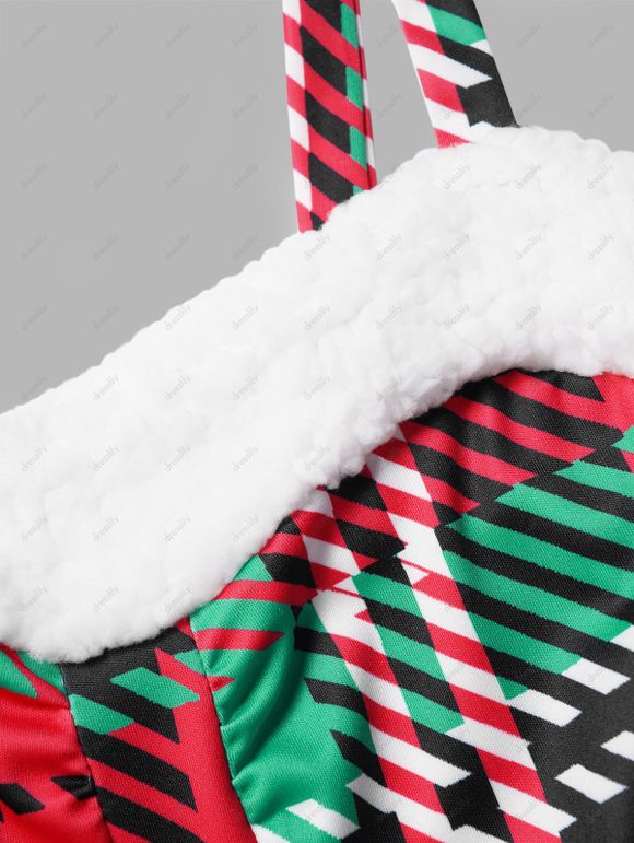 Mini Robe Ligne A à Imprimé Flocon de Neige de Noël à Carreaux en Fausse Fourrure sans Manches - Rouge M