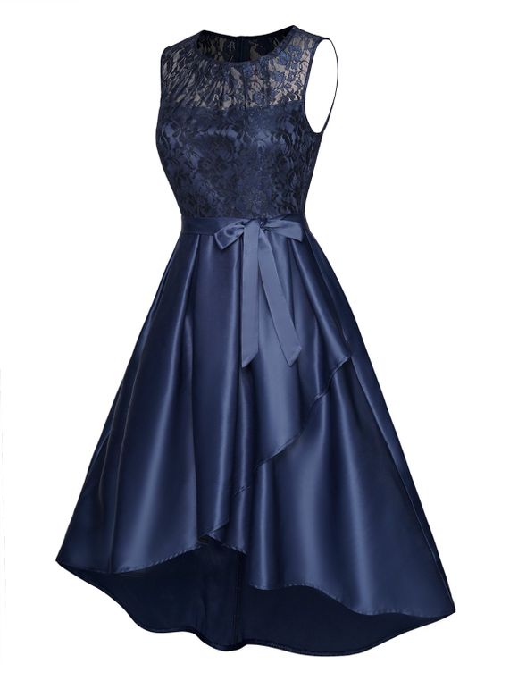 See Thru Lace Panel Party Dress Belted High Waisted High Low Midi Prom Dress - DEEP BLUE 2XL