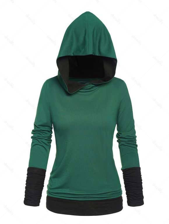 Contrast Colorblock Spliced Long Sleeve Hoodie - DEEP GREEN XL