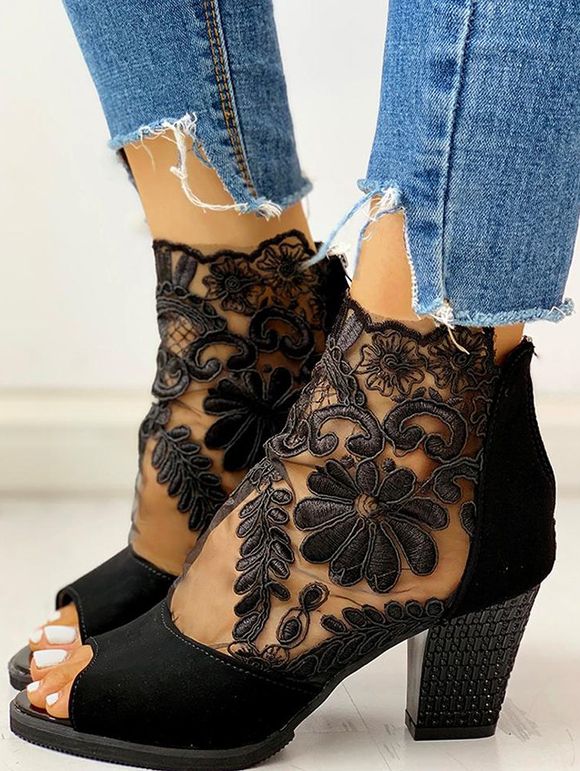 See Thru Mesh Embroidery Flower Leave Sandals Zipper Thick Heels Sandals - Noir EU 40