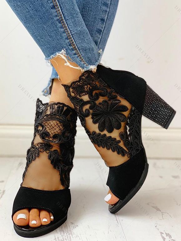 See Thru Mesh Embroidery Flower Leave Sandals Zipper Thick Heels Sandals - Noir EU 35