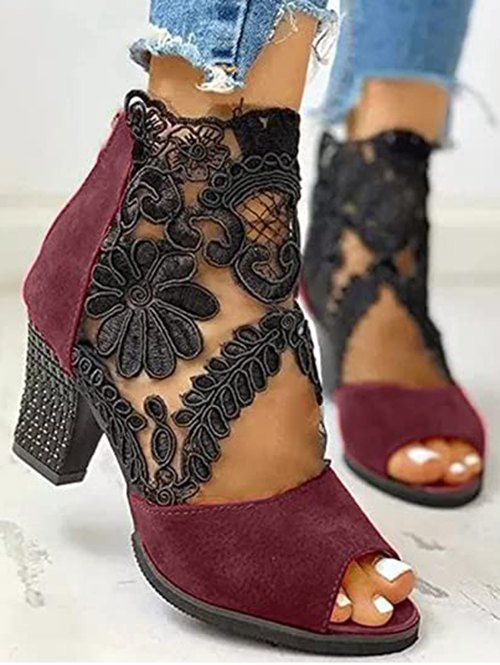 See Thru Mesh Embroidery Flower Leave Sandals Zipper Thick Heels Sandals - Rouge EU 38