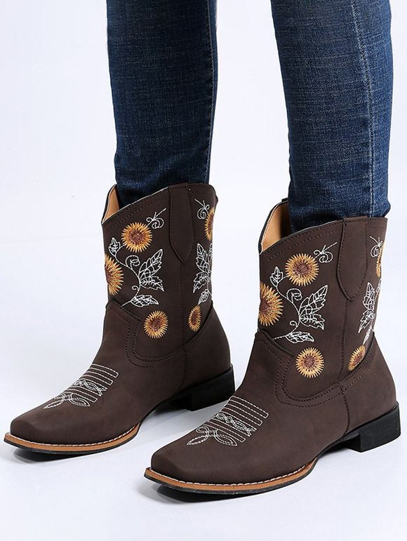 Sunflower Leaf Embroidery Boots Thick Heels Casual Boots - café EU 42