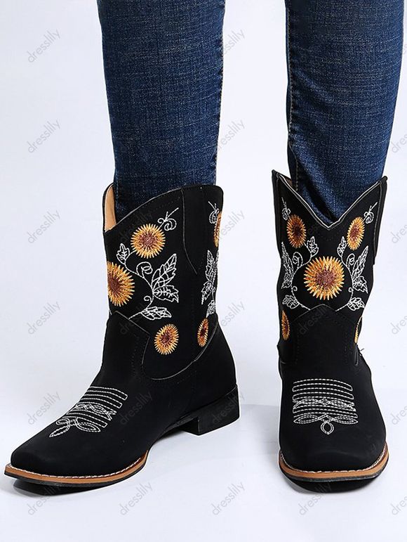 Sunflower Leaf Embroidery Boots Thick Heels Casual Boots - Noir EU 41