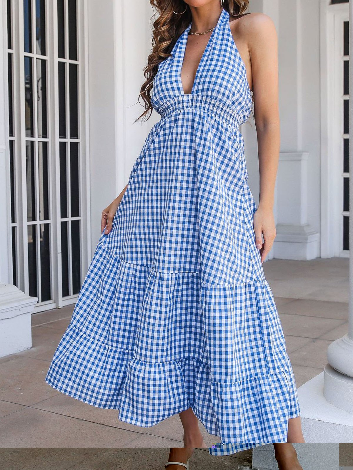 Plaid Print Halter Dress Plunging Neck High Waisted Tied Open Back A Line Maxi Dress - BLUE M