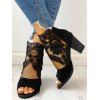 See Thru Mesh Embroidery Flower Leave Sandals Zipper Thick Heels Sandals - Noir EU 36
