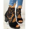 See Thru Mesh Embroidery Flower Leave Sandals Zipper Thick Heels Sandals - Noir EU 35