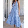 Plaid Print Halter Dress Plunging Neck High Waisted Tied Open Back A Line Maxi Dress - BLUE S