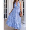 Plaid Print Halter Backless Dress Plunging Neck High Waisted Tied Open Back A Line Maxi Dress - BLUE XL