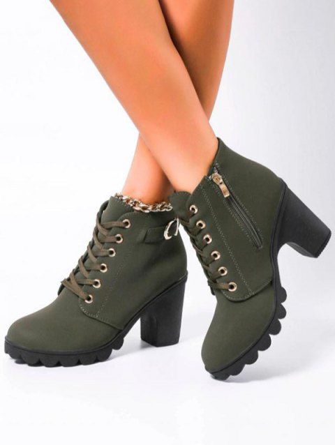 Chunky Heel Faux Leather Boots Lace Up Zipper Boots