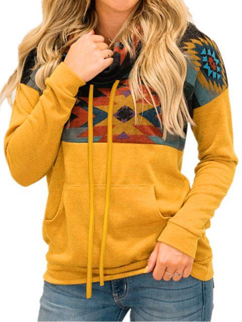 Tribal Geometric Print Colorblock Sweatshirt Cowl Neck Drawstring Kangaroo Pocket Sweatshirt