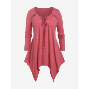 

Plus Size Tied Cutout Handkerchief Long Sleeve Tee, Red