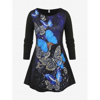 

Plus Size Long Sleeve Butterfly Print Tunic T-shirt, Black