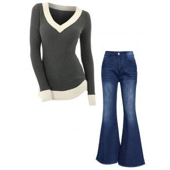 Contrasting Textured Ribbed Hem Long Sleeve Knitwear And Frayed Hem Dark Wash High Waist Zip Fly Flare Jeans Outfit