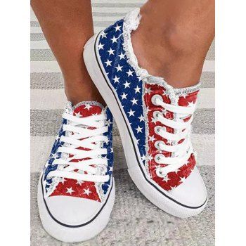 

Star Pattern Two Tone Color Frayed Hem Lace Up Shoes, Multicolor a