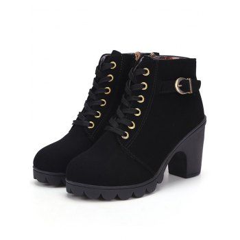 Chunky Heel Faux Leather Boots Lace Up Zipper Lug Sole Boots