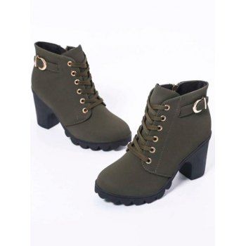 Chunky Heel Faux Leather Boots Lace Up Zipper Lug Sole Boots