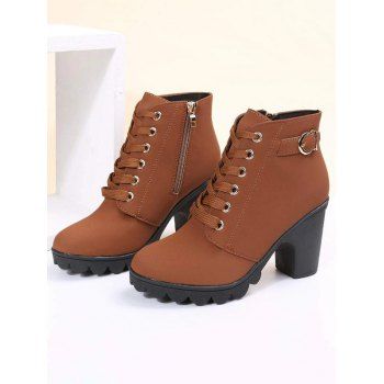 Chunky Heel Faux Leather Boots Lace Up Zipper Lug Sole Boots 