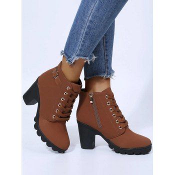 

Chunky Heel Faux Leather Boots Lace Up Zipper Lug Sole Boots, Coffee