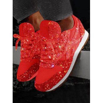 

Glitter Lace Up Breathable Sport Shoes, Red