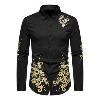 

Metallic Printed Shirt Turn Down Collar Button Up Long Sleeve Casual Shirt, Black