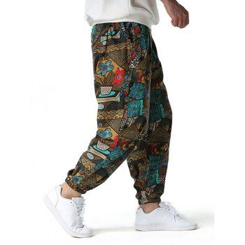 

Ethnic Style Pants Printed Beam Feet Drawstring Waist Side Pocket Long Pants, Multicolor