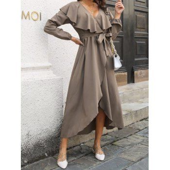 

Flounce Frilled Surplice Plunge High Low Maxi Dress Empire Waist Belted Overlap Long Sleeve Dress, Coffee