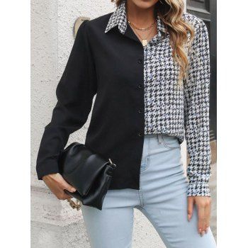 

Half And Half Print Contrast Shirt Long Sleeve Button Up Colorblock Shirt, Black