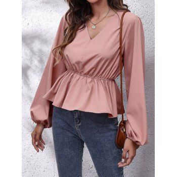 

Long Sleeve Peplum Blouse Solid Color V Neck High Waist Blouse, Light pink