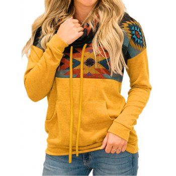 

Tribal Geometric Print Colorblock Sweatshirt Cowl Neck Drawstring Kangaroo Pocket Sweatshirt, Yellow