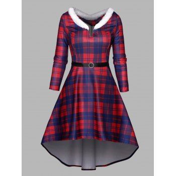 

Plaid Print High Low Dress Faux Fur Rhinestone Detail Long Sleeve Dress, Red