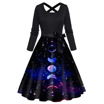 

Moon Phase Galaxy Print Long Sleeve Combo Dress Bowknot Belt Cross High Waist A Line Dress, Black