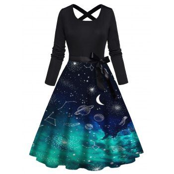 

Moon Planet Galaxy Print Combo Dress Long Sleeve Bowknot Belt High Waist A Line Dress, Black