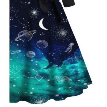 Moon Planet Galaxy Print Combo Dress Long Sleeve Bowknot Belt High Waist A Line Dress