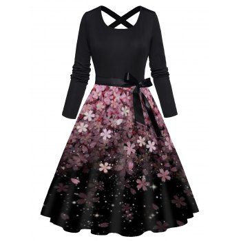 

Floral Print Long Sleeve Bowknot Belt Cross High Waist A Line Dress, Black
