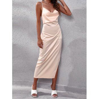 

High Slit Party Slip Dress Backless Crisscross Cowl Neck Spaghetti Strap Midi Dress, Light yellow