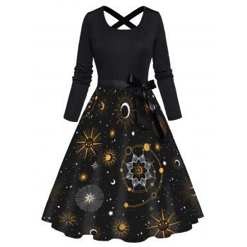 

Celestial Sun Moon Star Galaxy Print Long Sleeve Dress Bowknot Cross High Waist A Line Dress, Black