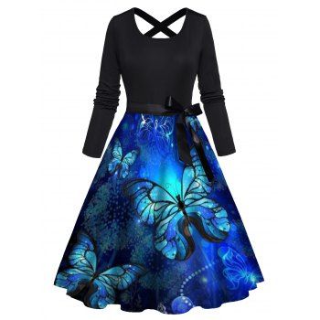 

Dreamy Butterfly Print A Line Dress Cross Bowknot Belted Long Sleeve Dress, Black