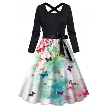 

Butterfly Watercolor Print Long Sleeve Dress Cross Belted Colorblock A Line Dress, Black