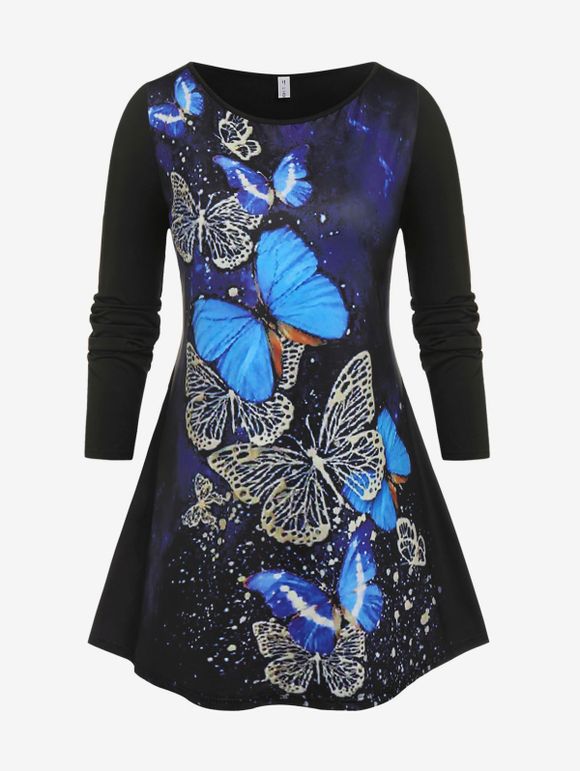 Plus Size Long Sleeve Butterfly Print Tunic T-shirt - BLACK 2X