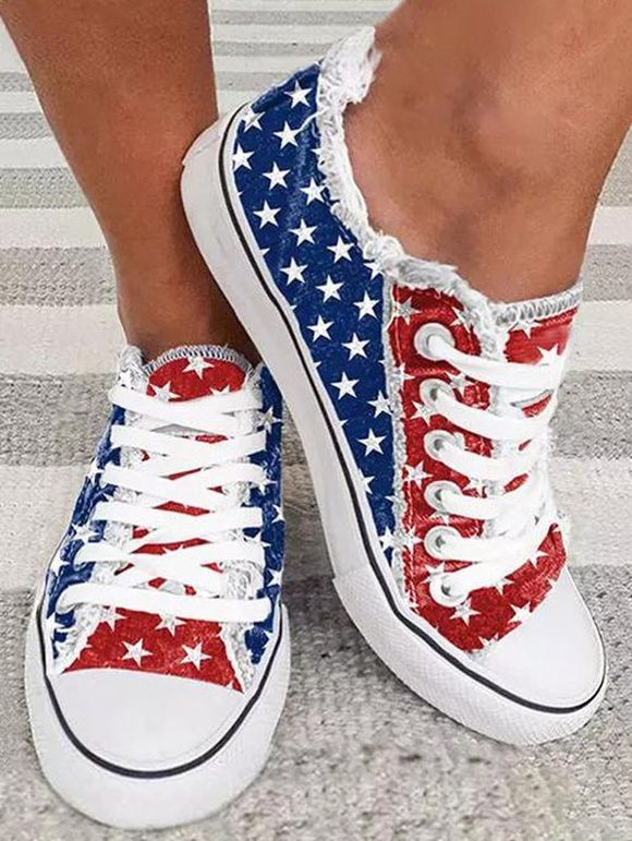 Star Pattern Two Tone Color Frayed Hem Lace Up Shoes - multicolor A EU 40