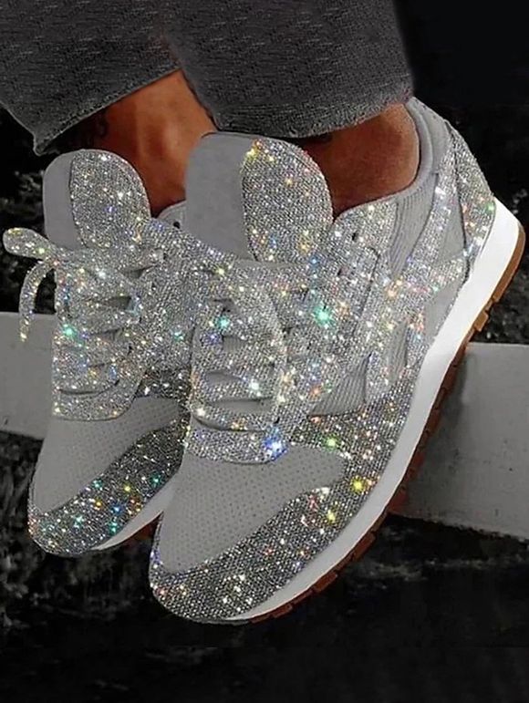 Glitter Lace Up Breathable Sport Shoes - Blanc EU 36