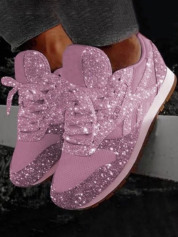 Glitter Lace Up Breathable Sport Shoes - Rose clair EU 42