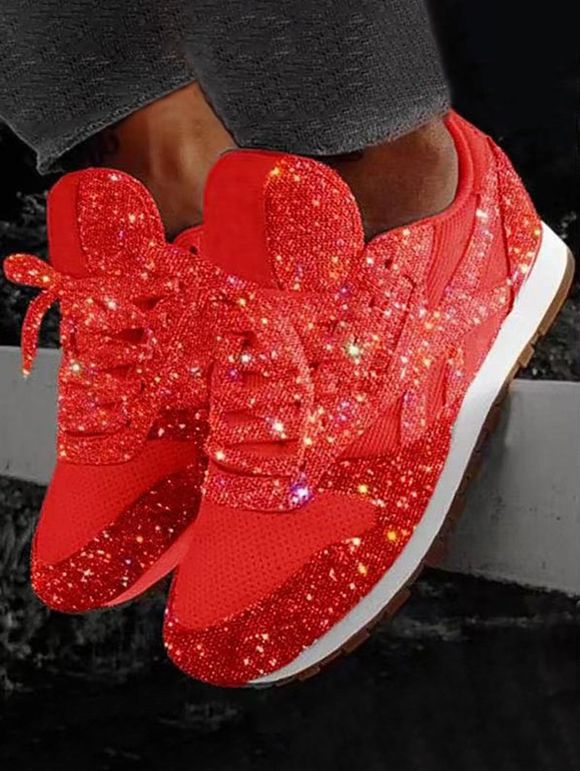 Glitter Lace Up Breathable Sport Shoes - Rouge EU 36