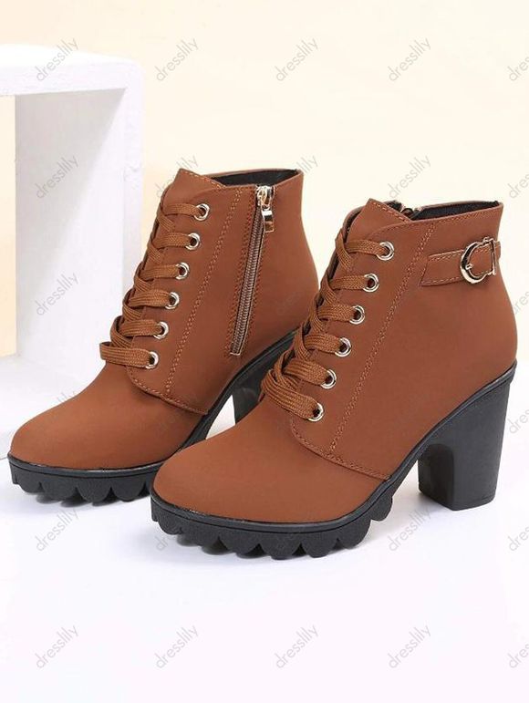 Chunky Heel Faux Leather Boots Lace Up Zipper Lug Sole Boots - café EU 41