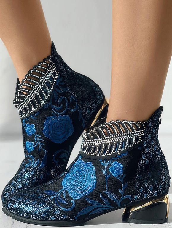 Glitter Hollow Out Rhinestone Leaf Flower Embroidered Chunky Low Heel Ankle Boots - Bleu EU 42